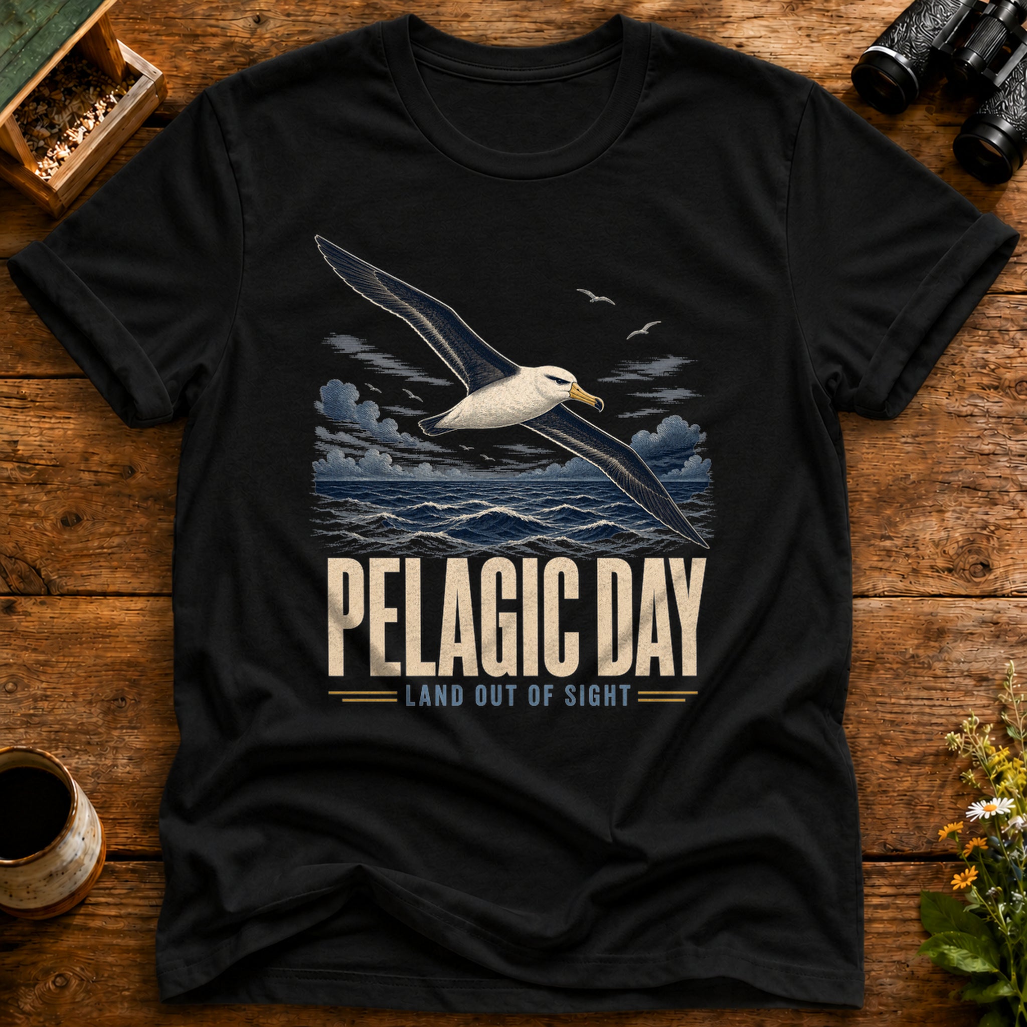Pelagic Day Birding T Shirt mockup in Black