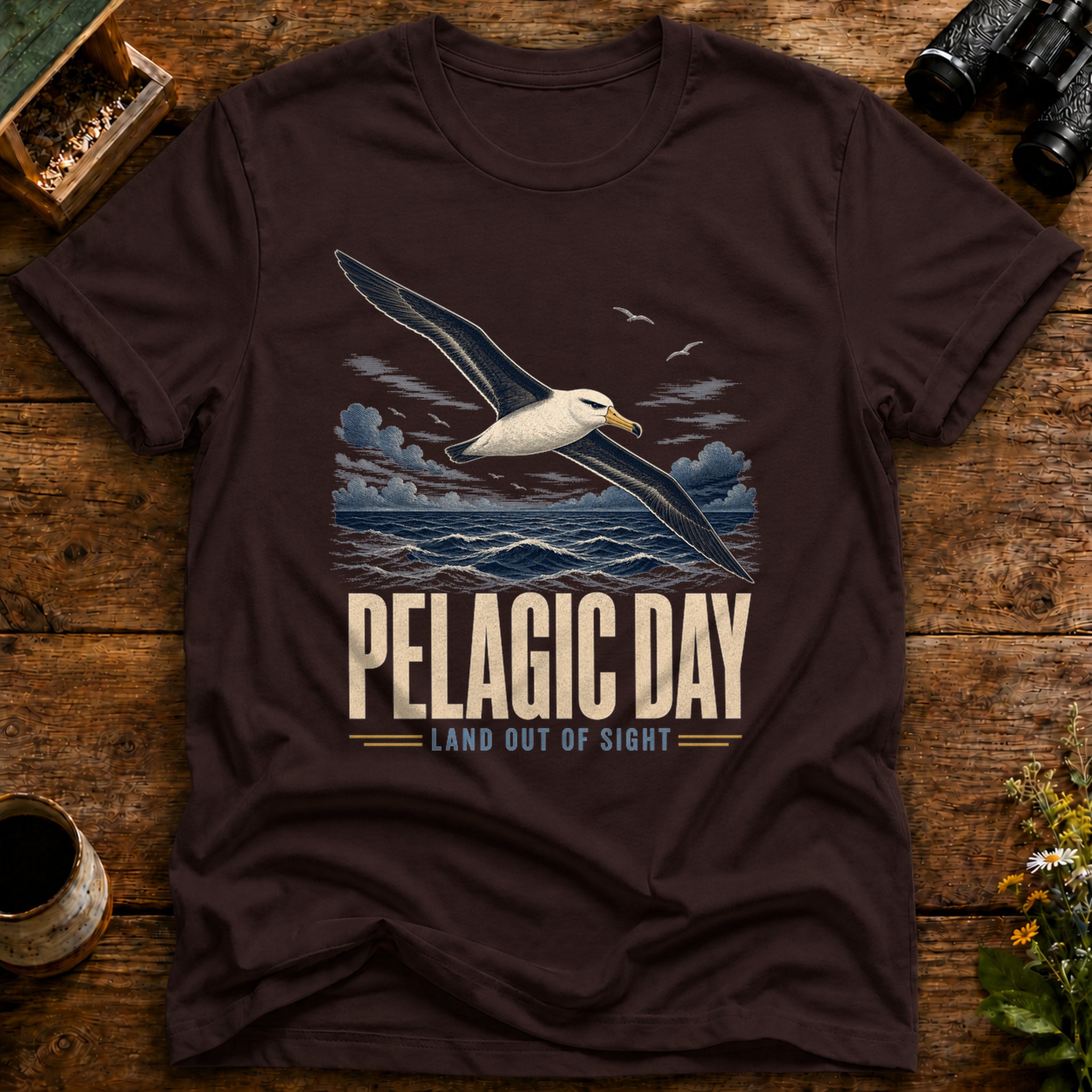 Pelagic Day Birding T Shirt mockup in Dark Chocolate