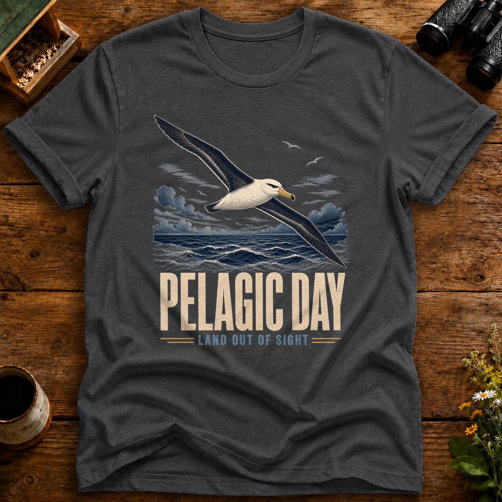 Pelagic Day Birding T Shirt mockup in Dark Heather