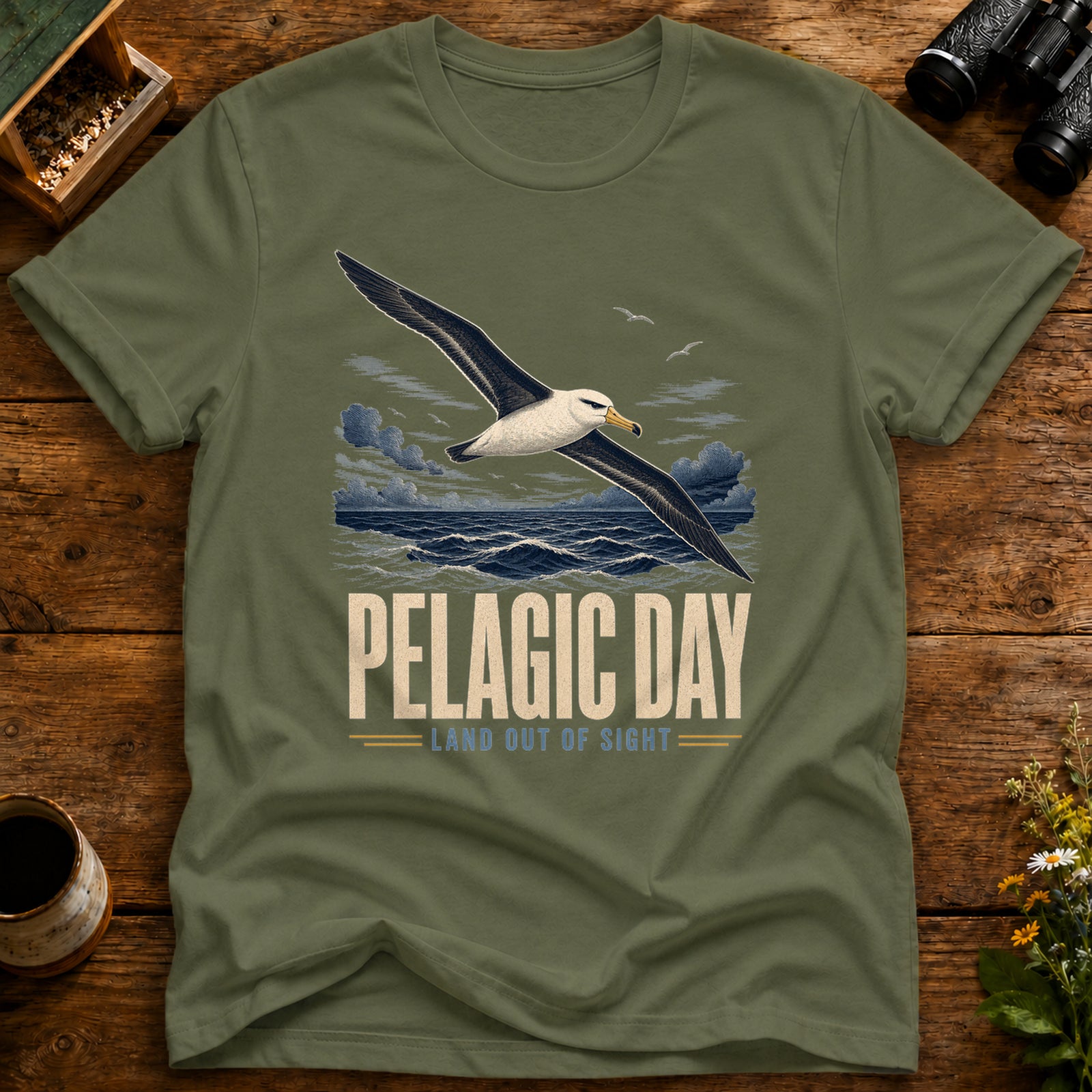 Pelagic Day Birding T Shirt mockup in Military Green