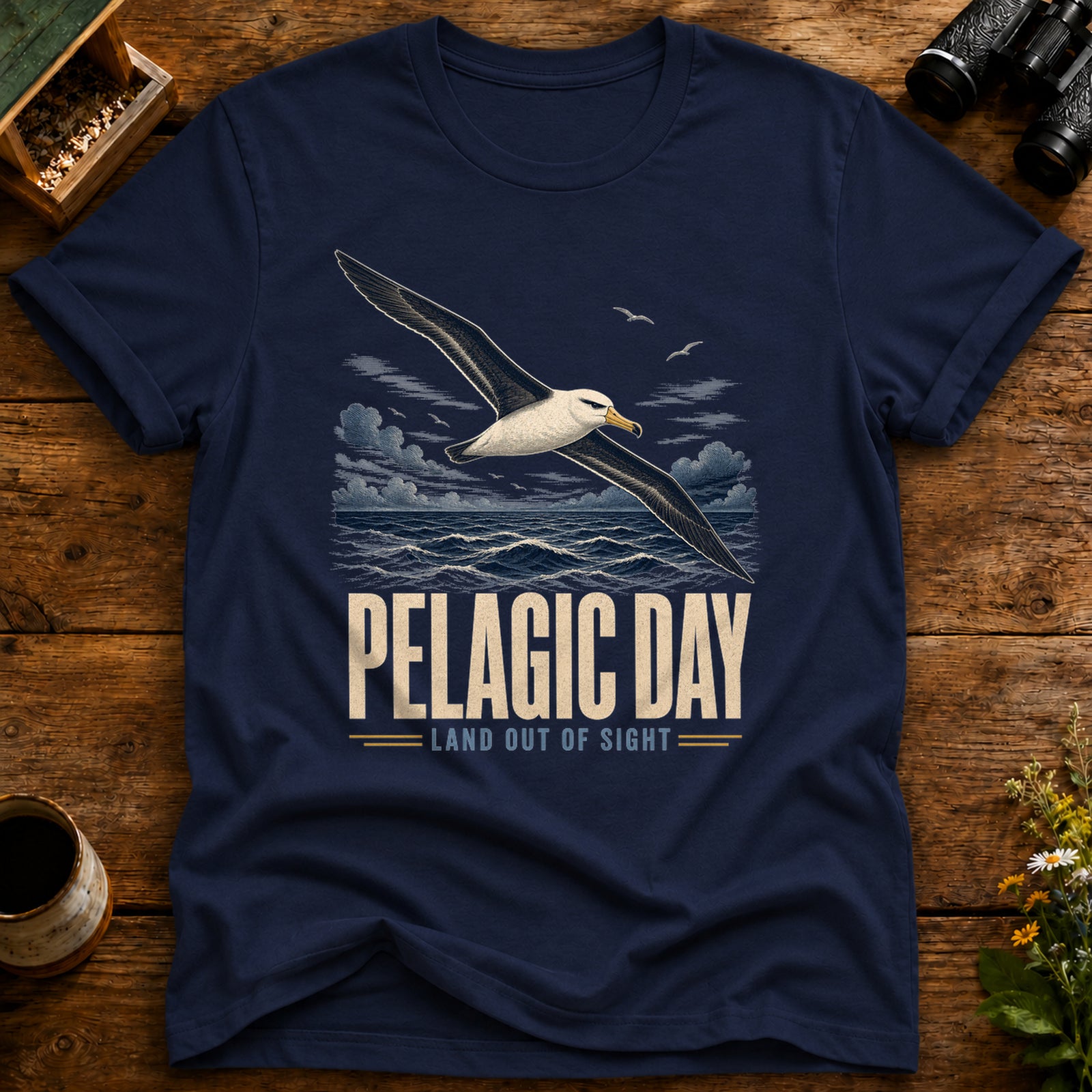 Pelagic Day Birding T Shirt mockup in Navy