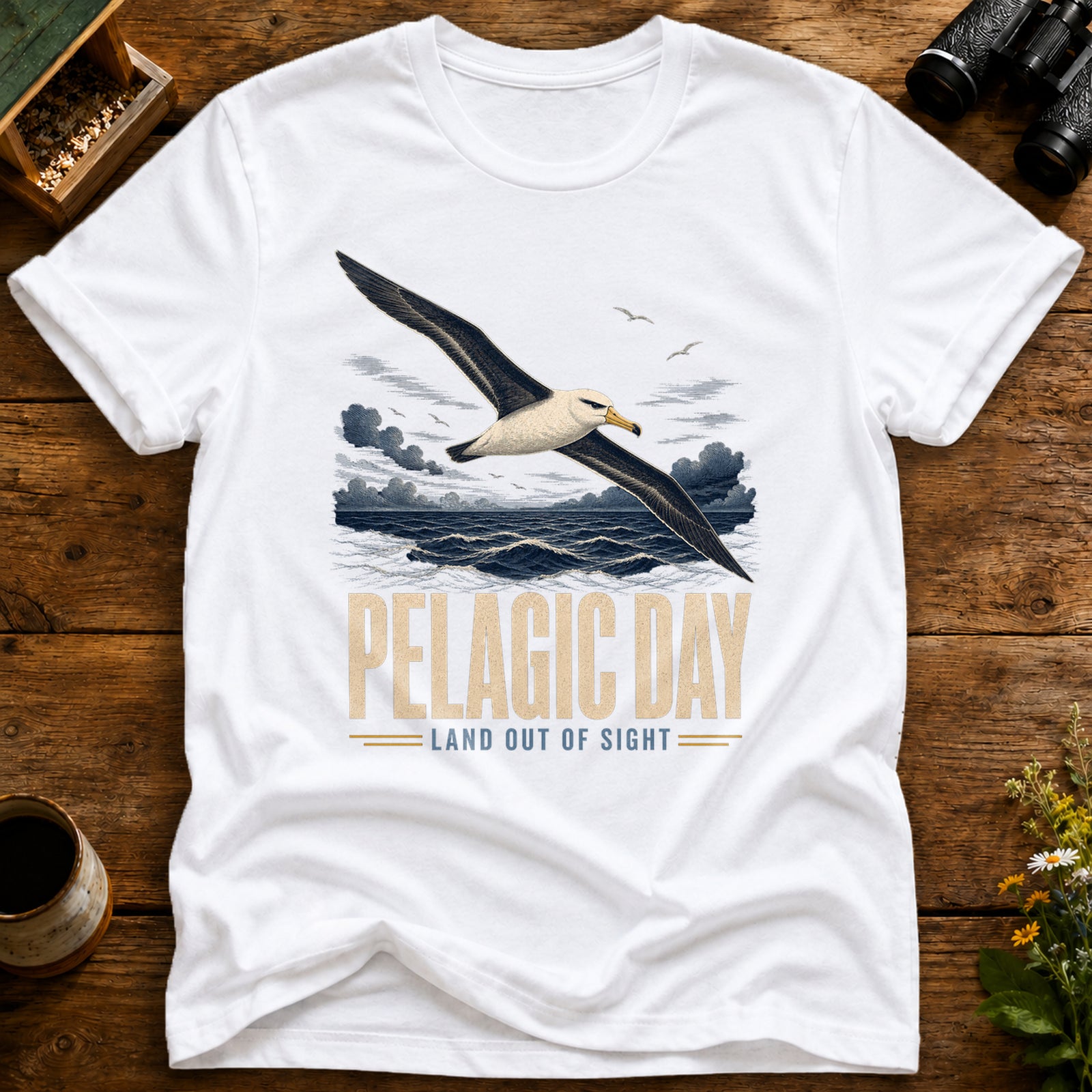 Pelagic Day Birding T Shirt mockup in White